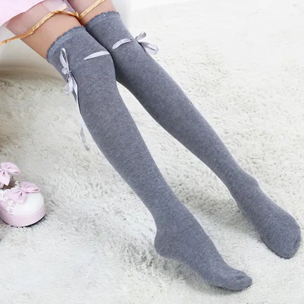 Over the Knee Socks with Ribbon Bow -light grey